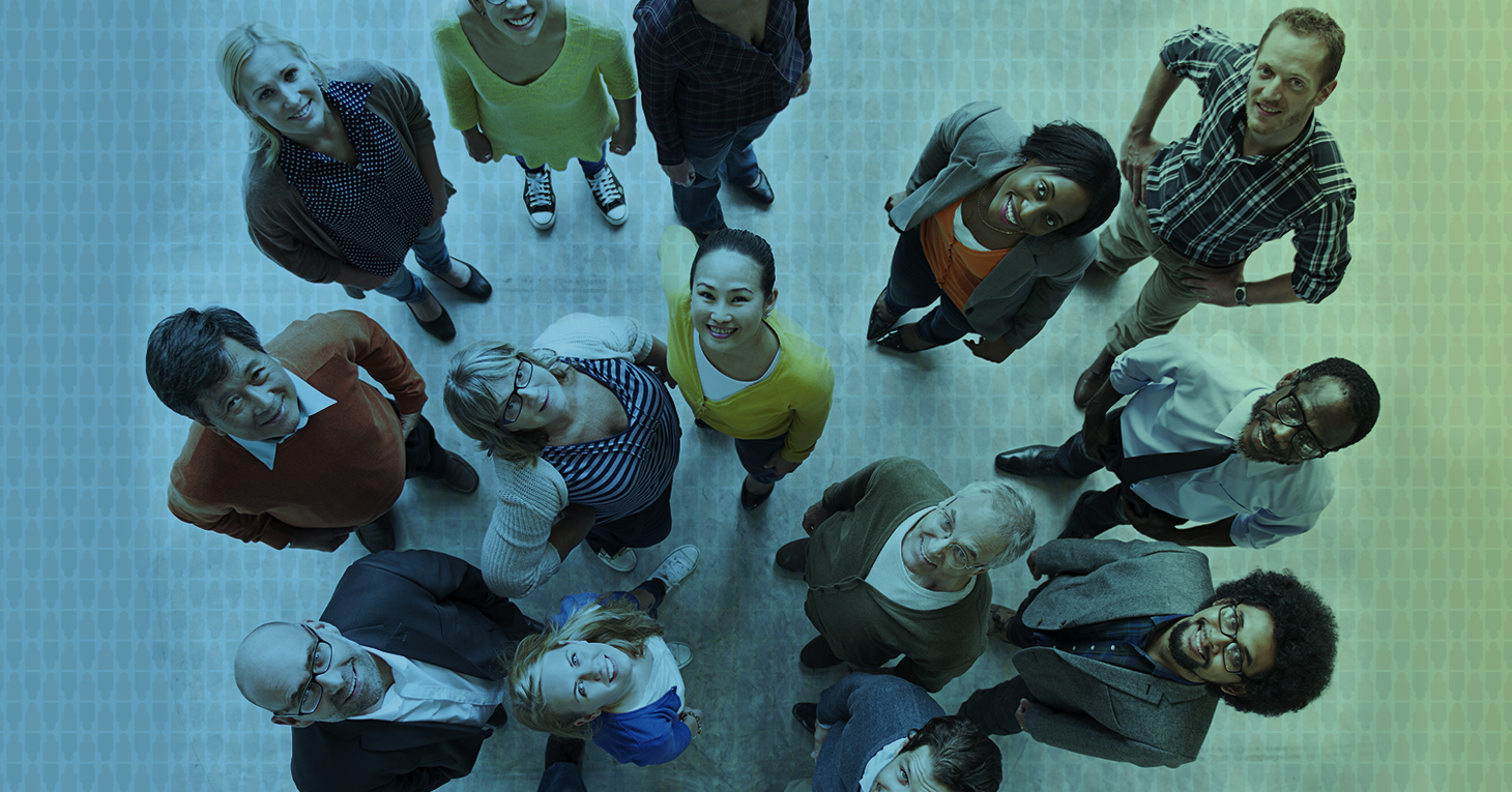 Aerial shot of people looking at camera